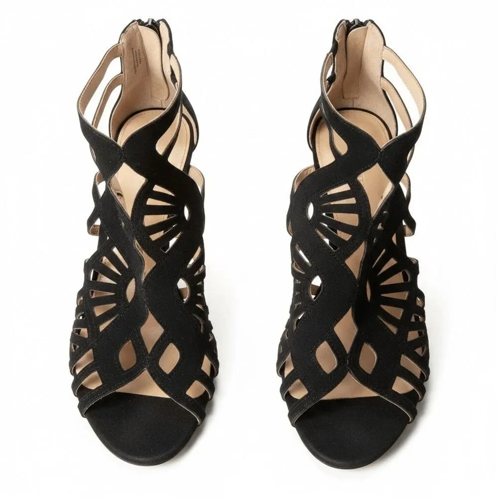 ADRIENNE VITTADINI Gala Black Suede Strappy Heeled Sandal Size 9